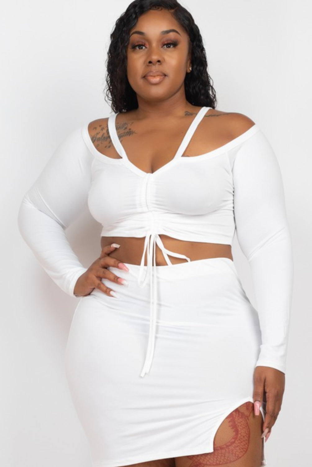 Plus Size White Ruched Drawstring Off Shoulder Two-Piece Set