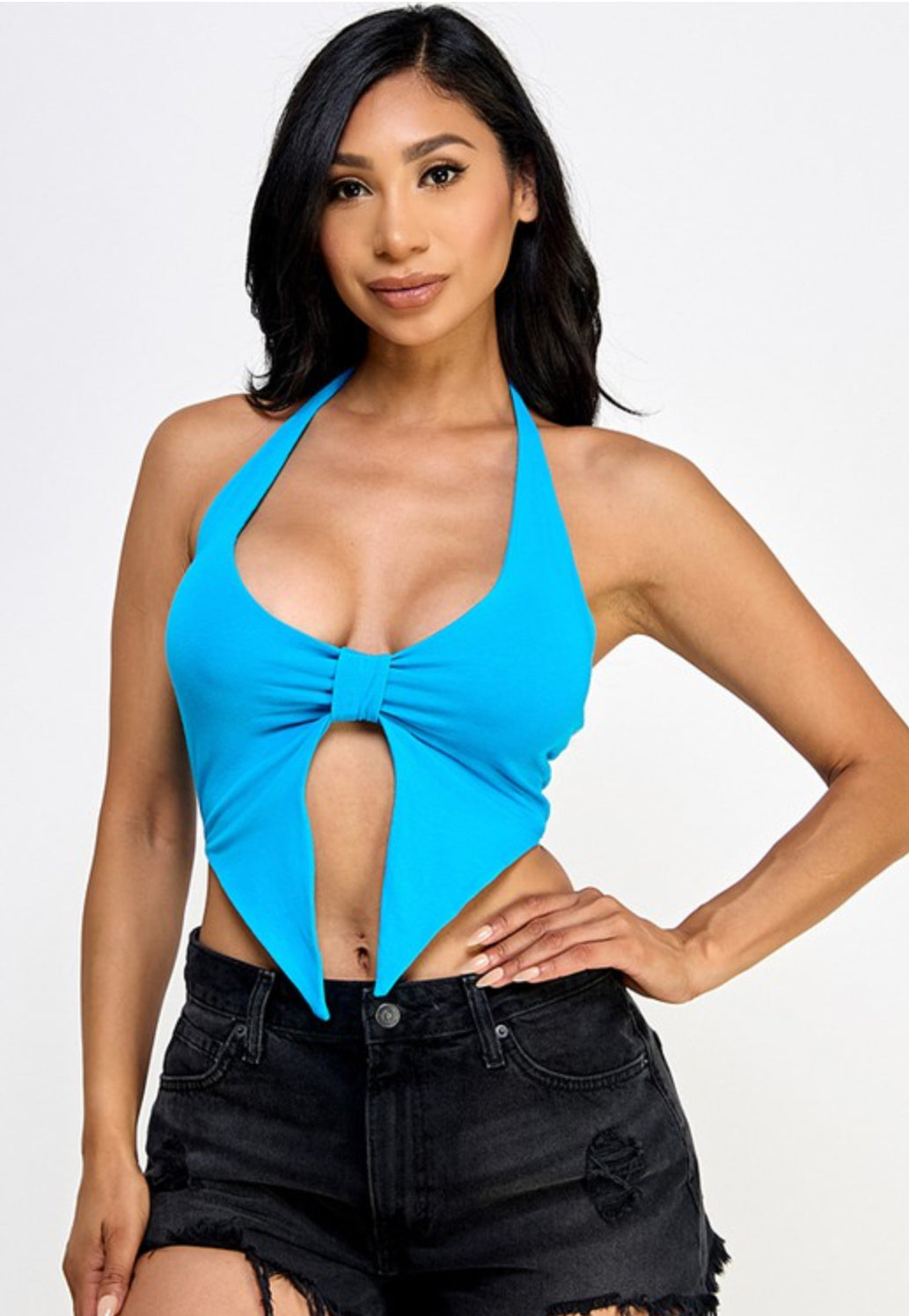 Blue Sexy Front Ruched Wrap Twist Cut Out Top