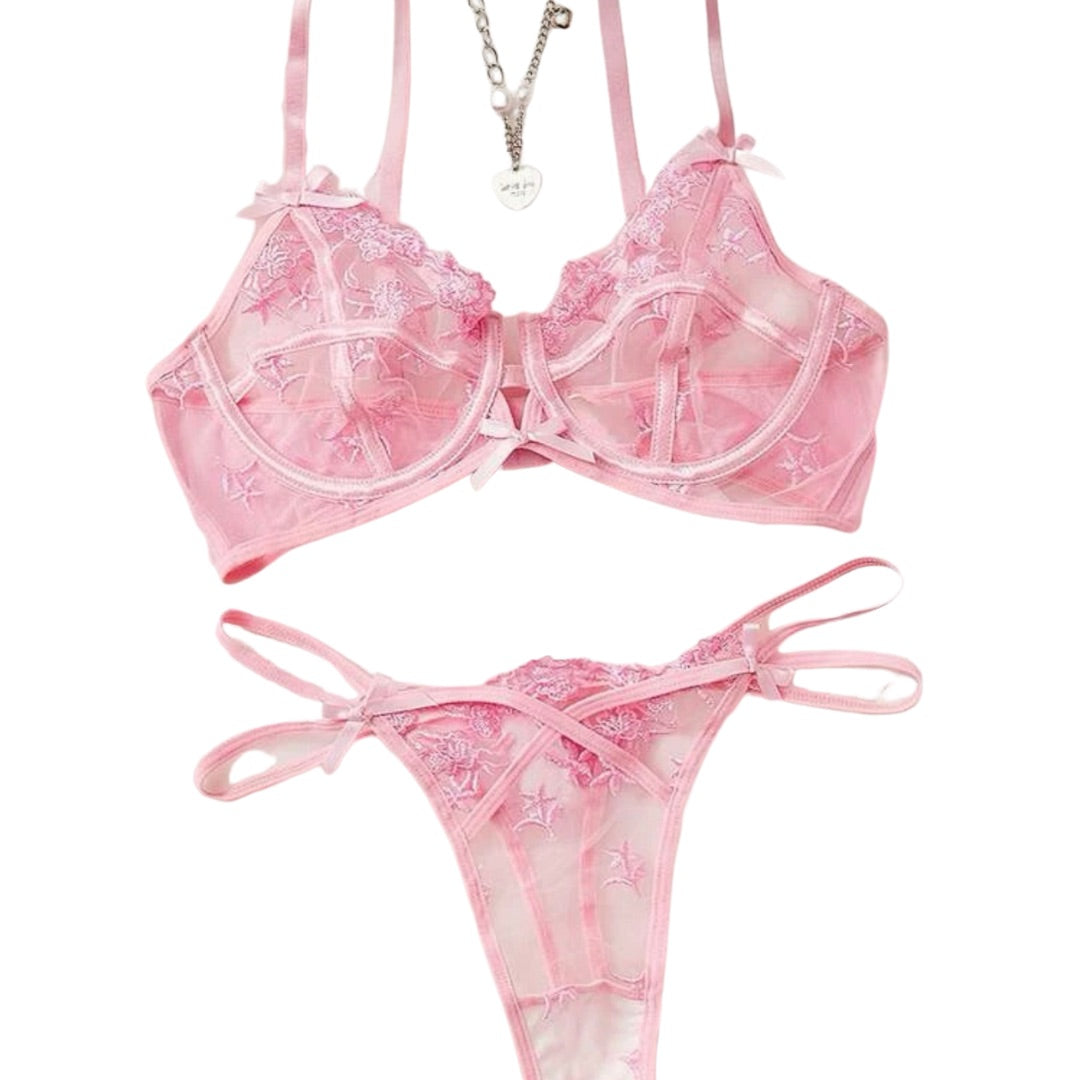 Pink Rose Mesh Underwire Sexy Lingerie Set