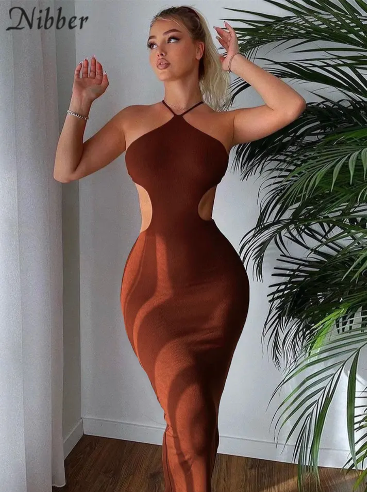 Forest Brown Sexy Cut-Out Bodycon Hanging Neck Tight Dress