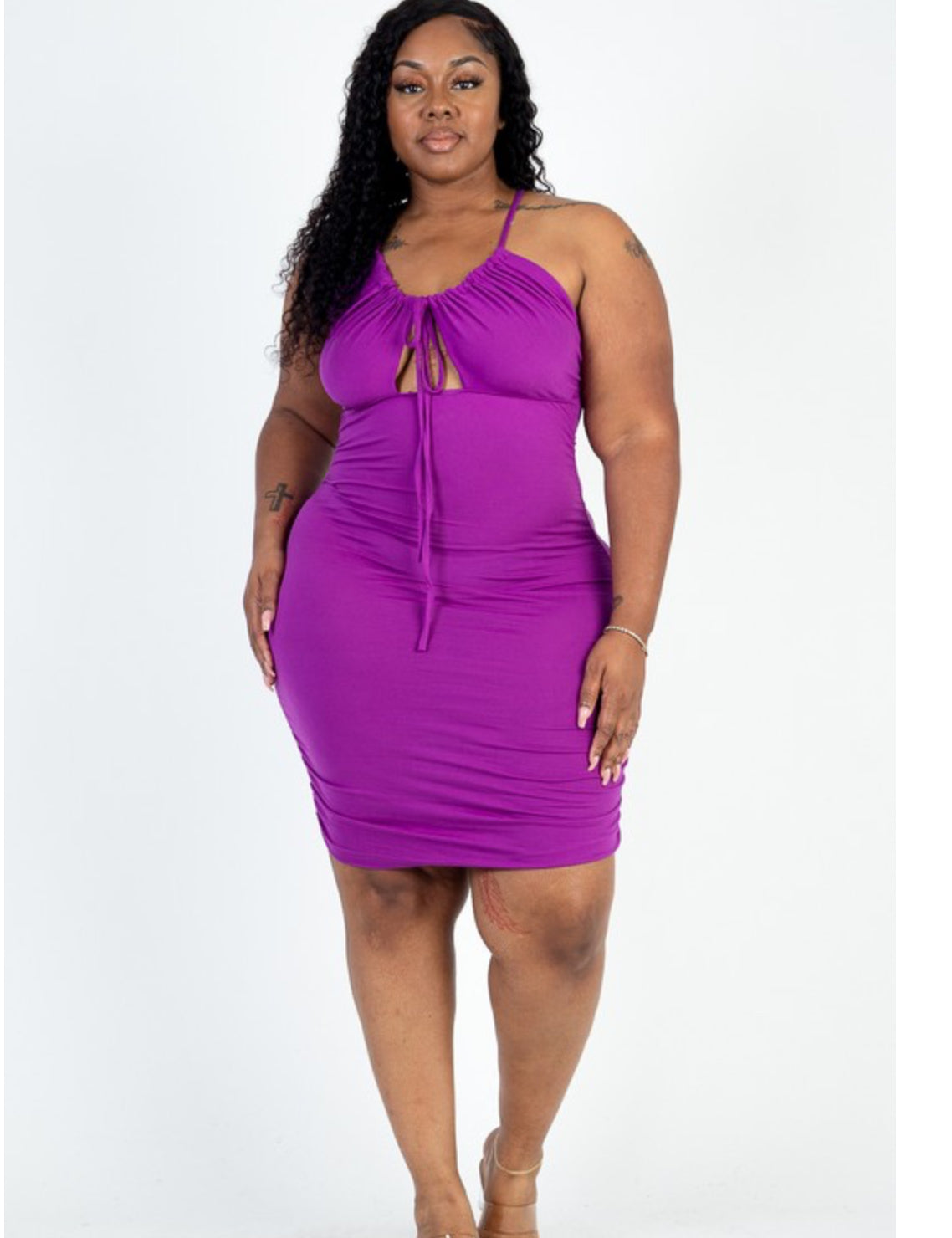 Purple Ivy Plus Size Front Tied Ruched Criss Cross Back Dress