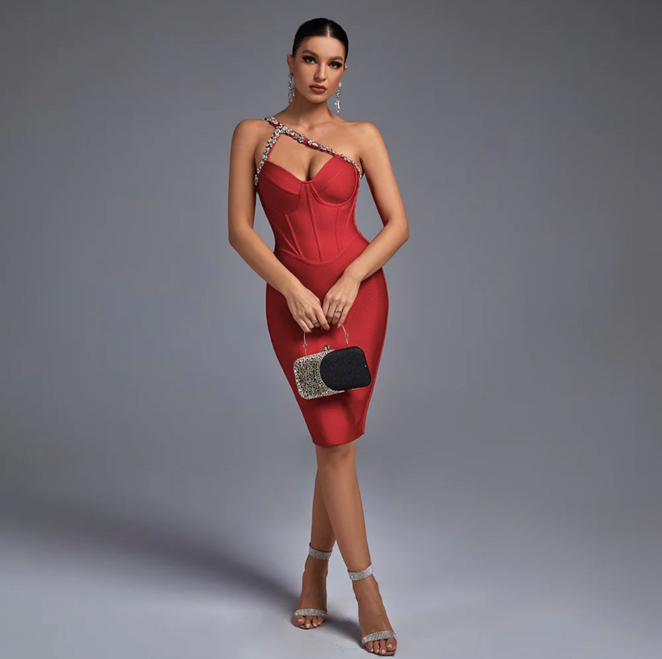 Rose Red Halter Neck Corset Rhinestone Mini Bandage Dress