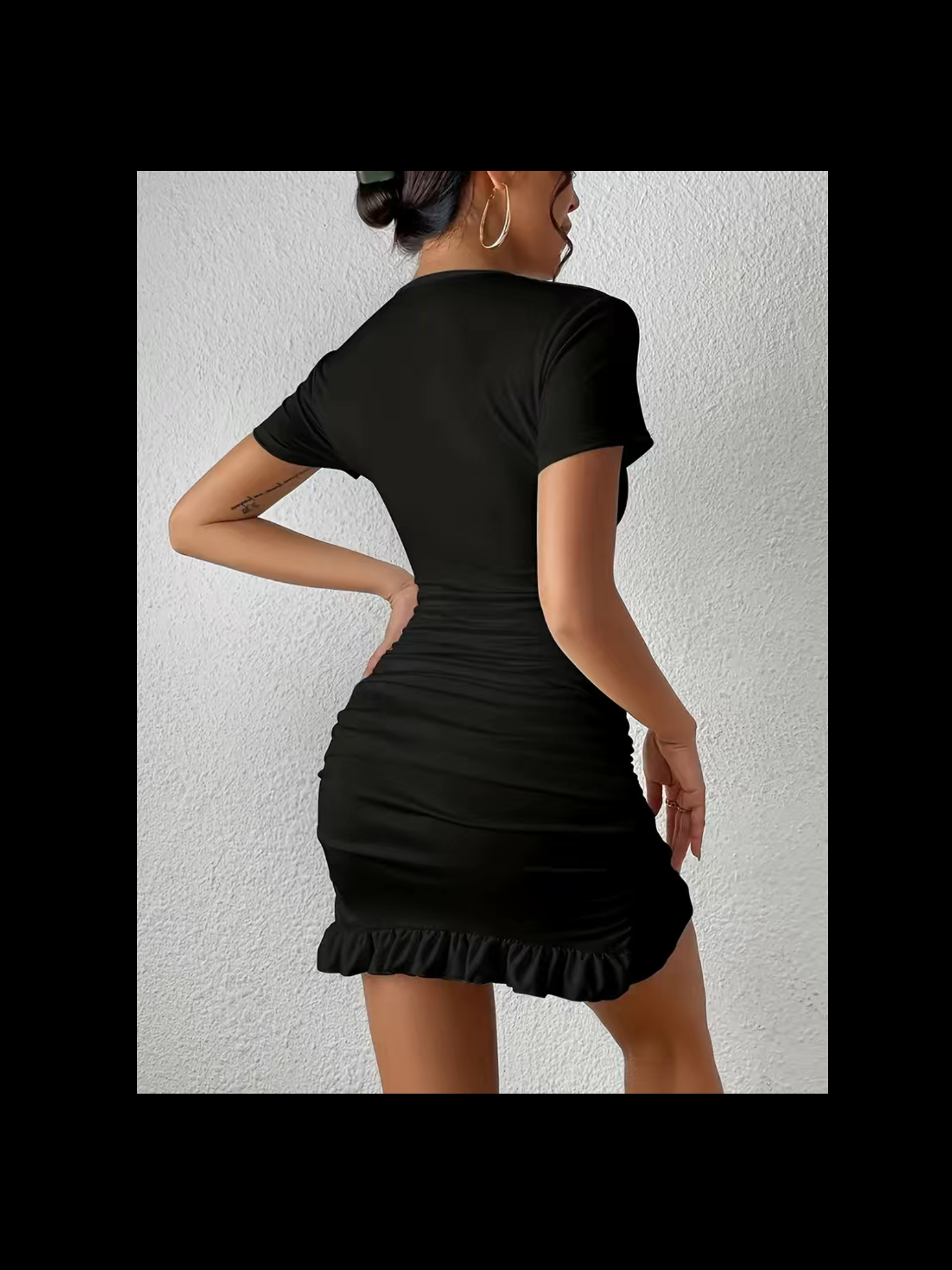 Cute Black Lace Up Cutout Front Ruffle Trim Wrap Dress