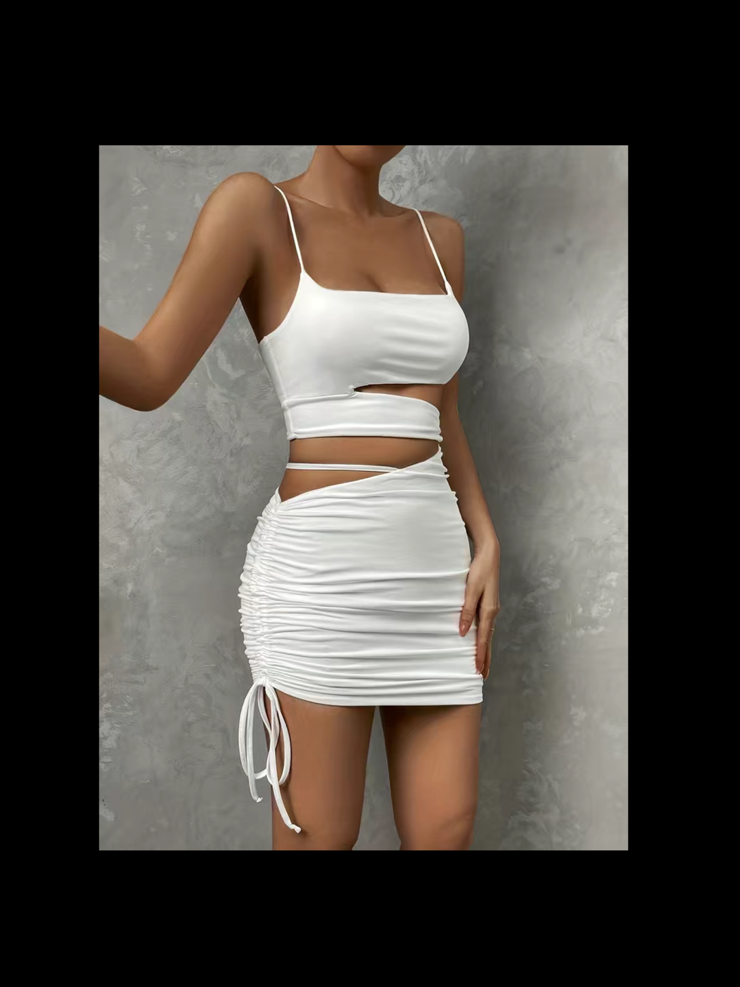 Cut Out Drawstring Side Ruched White Mini Dress