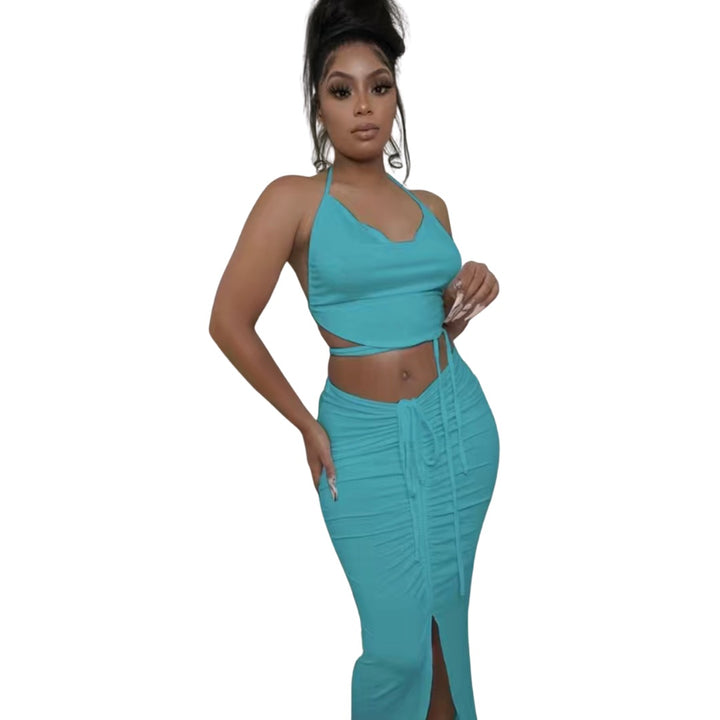 Sexy Slim Backless Cotton Candy Blue Two-Piece Set