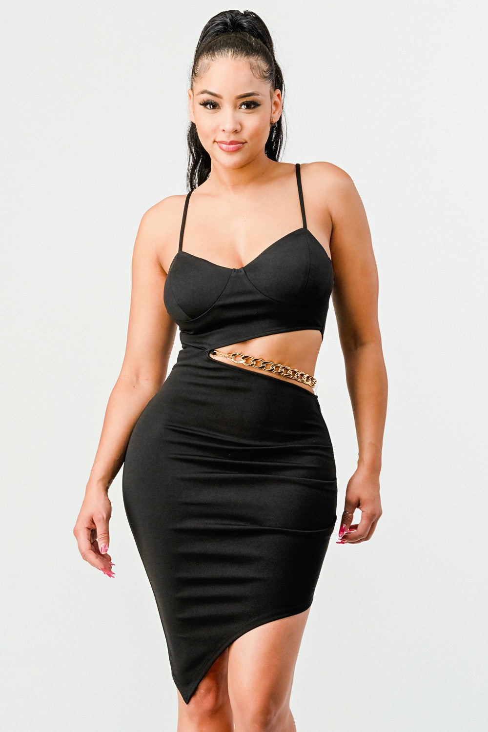 Black Lux Side Cutout with Gold Chain Mini Dress