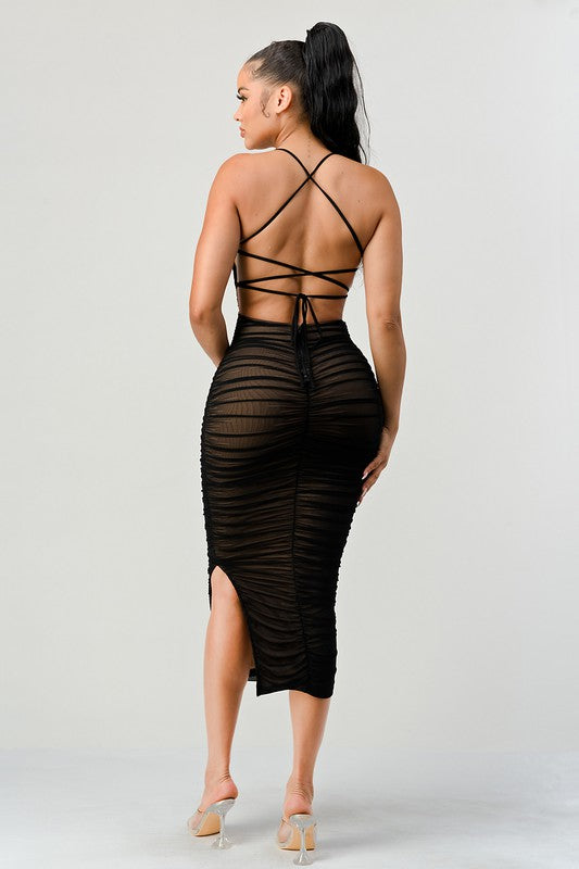 Black Lux Mesh Drawstring Lace Up Back Ruched Maxi Dress