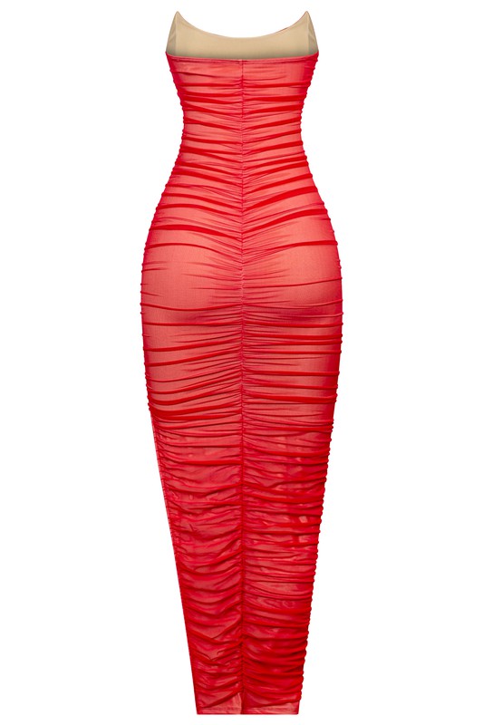 RED SLEEVELESS CORSET RUCHED MESH MAXI DRESS